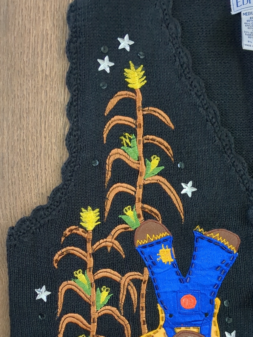 Vintage Retro 2000s Basic Editions Scarecrow Autumn Fall Sweater Vest, Sz Medium - Picture 6 of 7